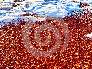 Red pebbles or rubberized textured material and white snow on it. Background, texture, frame, copy space. Contrast of