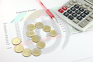 Red Pen,Calculator and money Coins Arranged to