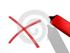 Red pen marker and a x rejection sign on a white background