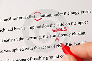 Red Pen Proofreading a Manuscript by Laptop
