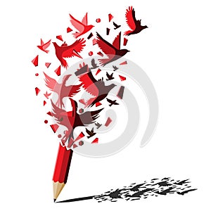 Red pencil with birds freedom concept