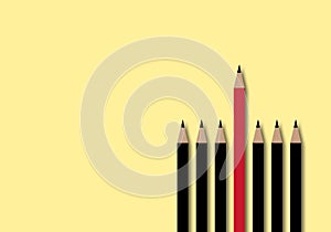 Red pencil with black pencils and shadow overlay on yellow background. Performance outstanding from crowd for different thinking