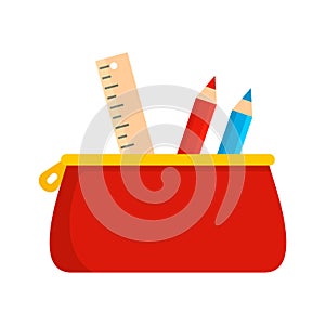 Red pencil case icon, flat style