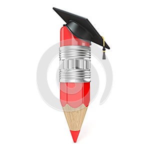 Red pencil with a graduation cap. Education concept. 3D render