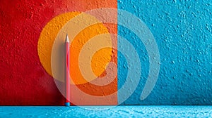red pencil next to a painting of a circle on a blue wall