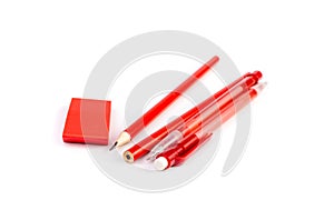 Red Pencil, Pen, Eraser Isolated on WHite Background