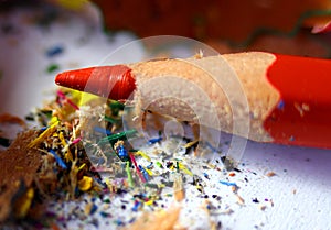 Red pencil with the remains of the pencils to school photo