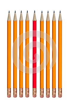 Red Pencil Among Row of Orange Pencils Concept