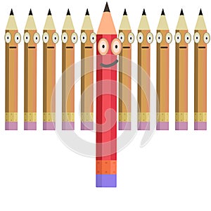 A red pencil on the side of a set of yellow ones.