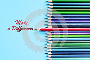 Red pencil standing out on blue background. Leadership, uniqueness, independence, initiative, strategy, dissent, think different,