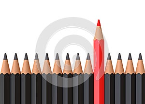 Red pencil standing out from crowd of plenty identical black fellows on white table