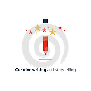 Red pencil with stars, creative writing concept, story telling vector icon