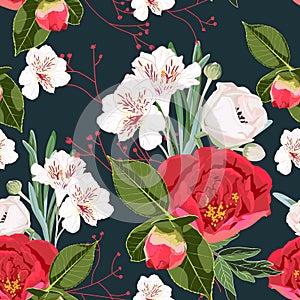 Red peony flowers with grasses and herbs bouquet seamless pattern. Watercolor style Illustration.