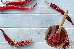 Red pepper paprika, on a blue wooden background. Top view, space for text
