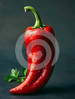 A red pepper is sitting on a dark surface with a leafy green stem. Generative AI