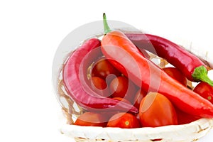 Red pepper spicy thailand tomato cherry closeup basket white background spicy sauce base