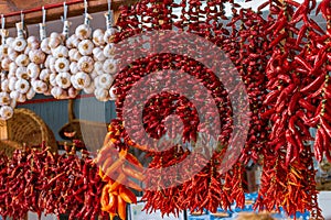 Red peppers in a market stall. photo