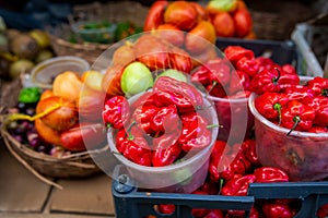 Red peppers in plastic containers in the market for sale