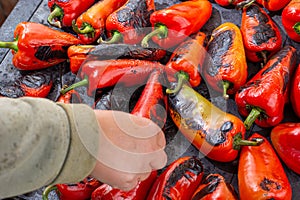 Red peppers roasting on a wood-fired stove