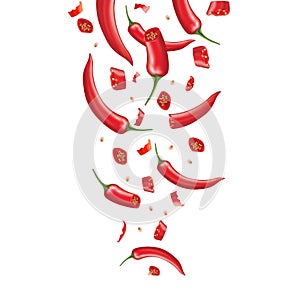 Red Peppers splashing explosion, Chili isolated on white background.