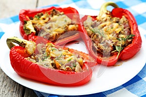 Red peppers stuffed with meat, rice and the vegetables