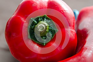 Red peppers, on table with brown tablecloth