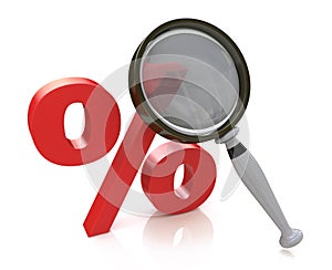 Red percent sign and magnifier. searching for discount