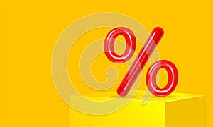 Red percent sign on yellow background with box stand. Discount percentage. Big sale. Best rating. Vector 3D illustration