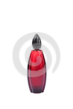 Red perfume bottle isolated on white background
