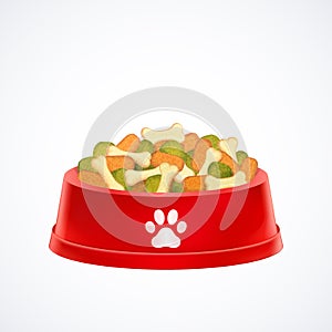Red pet dog bowl dish with dog dry food isolated on white background