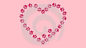 red pet paws form a heart - paws of dog and cat - pink background - 23,98 fps