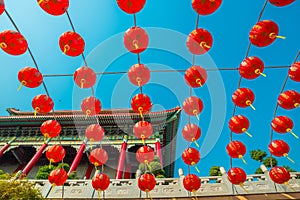 Red pgoda of chinese style temple in Bangkok