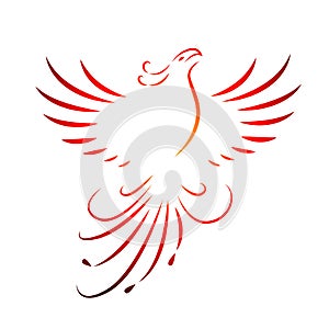 Red phoenix rising wings line drawing isolated on a white background