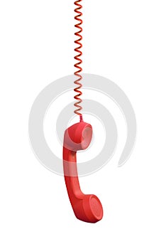 Red phone receiver hanging, isolated on white