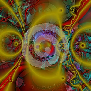 Red phosphorescent yellow playful forms stars swirls lights sky shapes fractal, abstract geometries, background