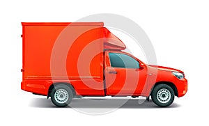 Red pick-up truck with container box roof rack for tranportation