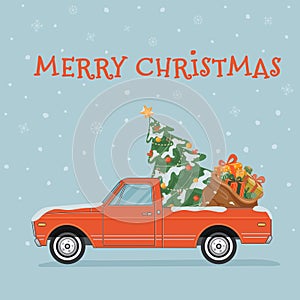 Red pickup truck with christmas tree and present bag