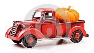 Red pickup truck with pumpkin. Old vintage metal pickup truck. Retro car on white isolated background. Farm concept.