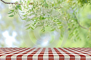 Red picnic table and nature background. photo