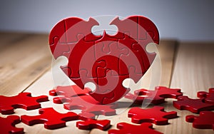 Red pieces puzzle of heart. Jigsaw on Valentine Day. Love, medical, relationship symbol. Autism awareness