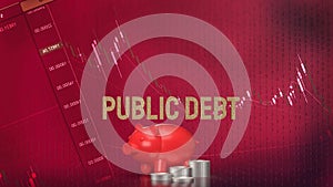 The red piggy bank and coins for Public debt concept 3d rendering