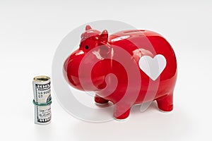 red piggy bank in the form of a cow with 100 dollars on a white background.