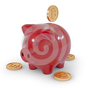 Red piggy bank and one golden bitcoins on white background. Accumulation concept. 3d rendering.