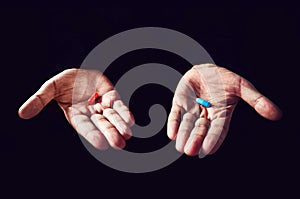 Red Pill Blue Pill concept. The right choice the concept of the movie matrix. The choice of tablets photo