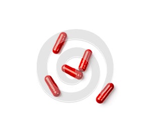 Red Pill Capsules Medicine Isolated, Analgesic Pile, Painkiller Drugs