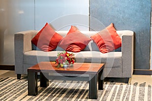 Red pillow on sofa decoration in living room interior