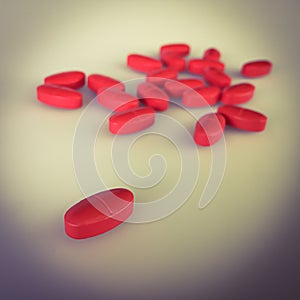 Red pills on gray background and shadow, vintage stye color