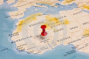 A Red Pin on Burkina Faso of the World Map