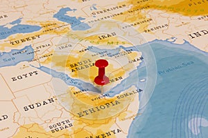 A Red Pin on Djibouti of the World Map photo