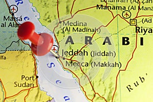 Red pin on Jeddah, Saudi Arabia